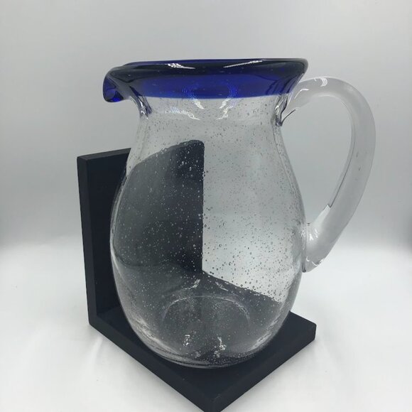 Cobalt Blue Rim Handblown Glass Pitcher With Handle Kitchen Drinkware - Picture 1 of 13